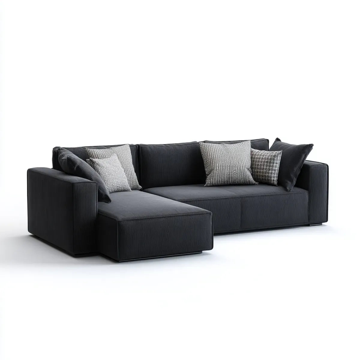 Canapé d'angle 3 places noir en velours côtelé polyester avec méridienne gauche 280 x 160 x 78 cm