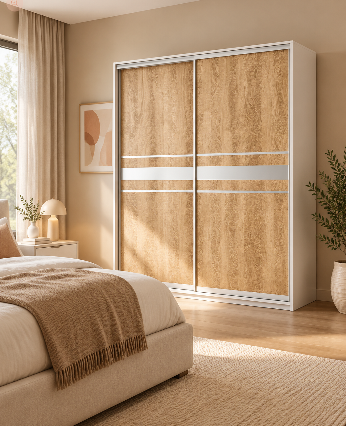Armoire de chambre à portes coulissantes blanc et chêne 180 x 60 x 200 cm en panneaux de particules mélaminés rectangulaire