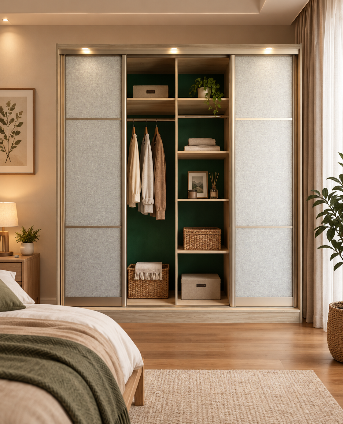 Armoire penderie à 2 portes coulissantes beige et vert 180 x 60 x 200 cm panneaux de particules mélaminés verre dépoli rectangulaire