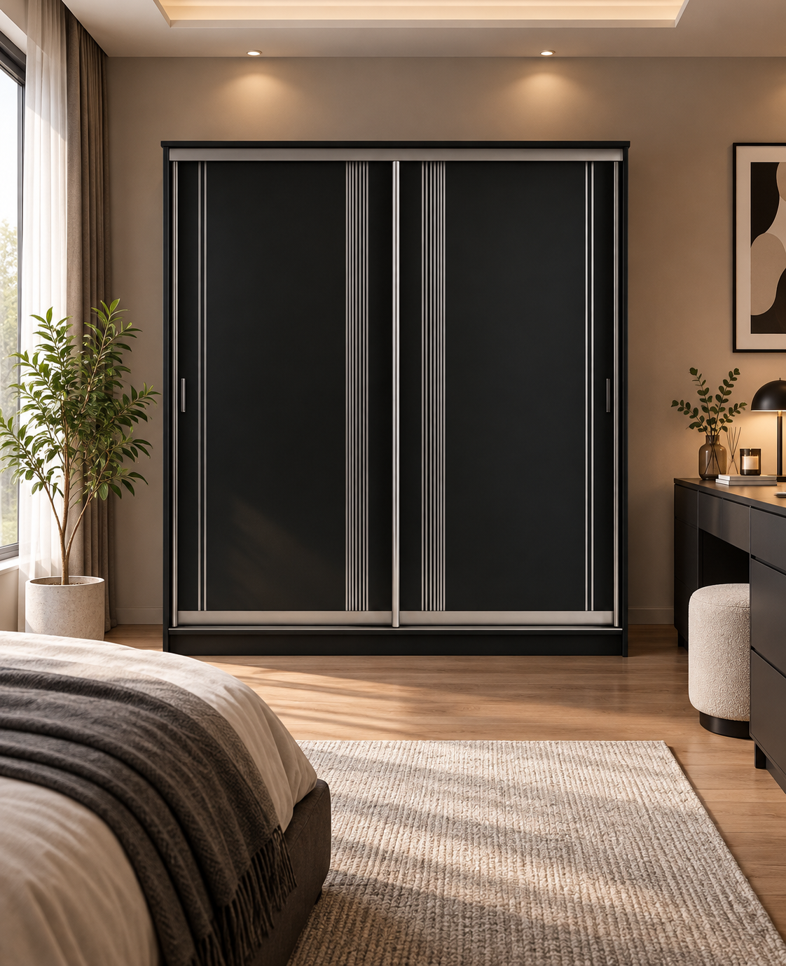 Armoire à portes coulissantes noire et argentée 200 x 60 x 200 cm en panneaux de particules mélaminés rectangulaire