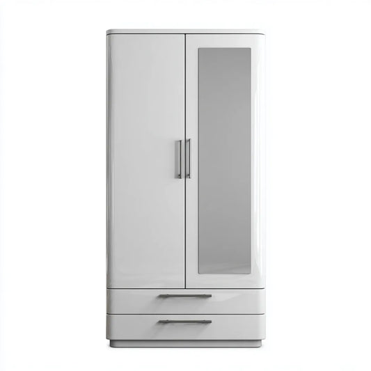 Armoire de chambre 2 portes 2 tiroirs blanche brillante avec miroir 80 x 52 x 180 cm en panneaux MDF rectangulaire