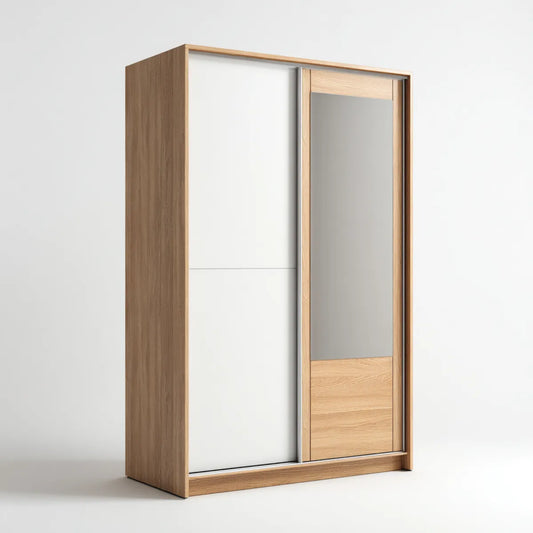 Armoire coulissante 2 portes blanc et chêne 120 x 60 x 200 cm panneaux de particules mélaminés rectangulaire avec miroir