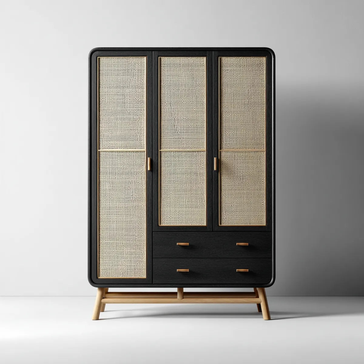 Armoire penderie 3 portes 2 tiroirs noir et naturel en MDF placage chêne et cannage 120 x 55 x 180 cm