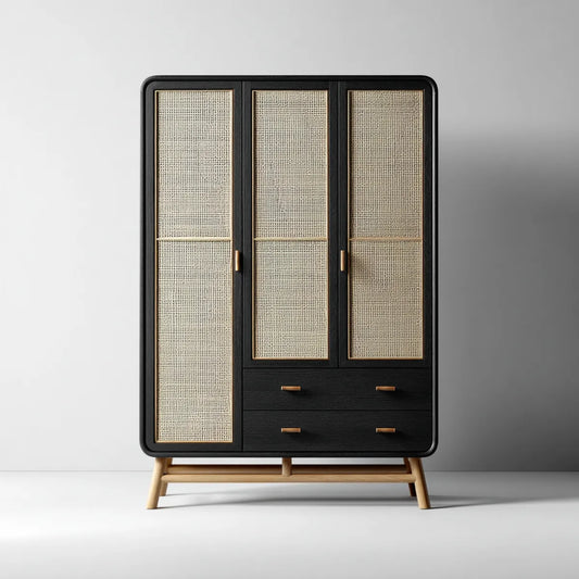 Armoire penderie 3 portes 2 tiroirs noir et naturel en MDF placage chêne et cannage 120 x 55 x 180 cm