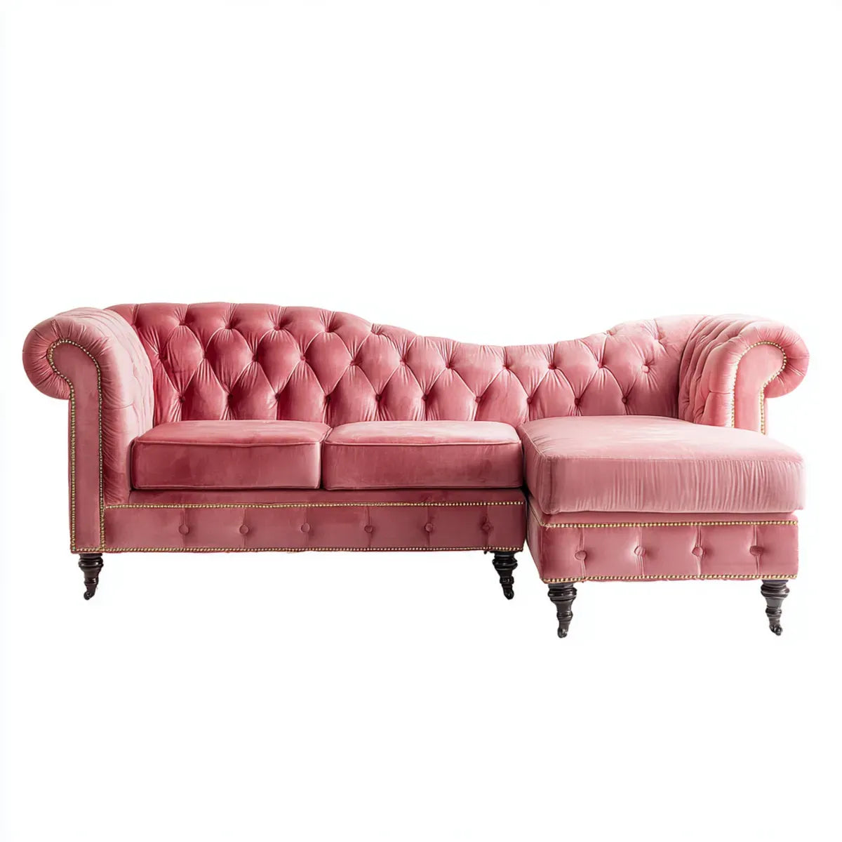 Canapé d'angle Chesterfield rose 3 places méridienne droite velours de polyester 270 x 165 x 78 cm