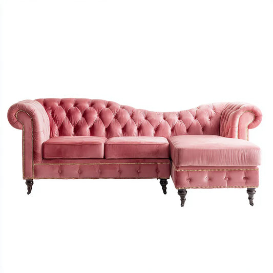 Canapé d'angle Chesterfield rose 3 places méridienne droite velours de polyester 270 x 165 x 78 cm