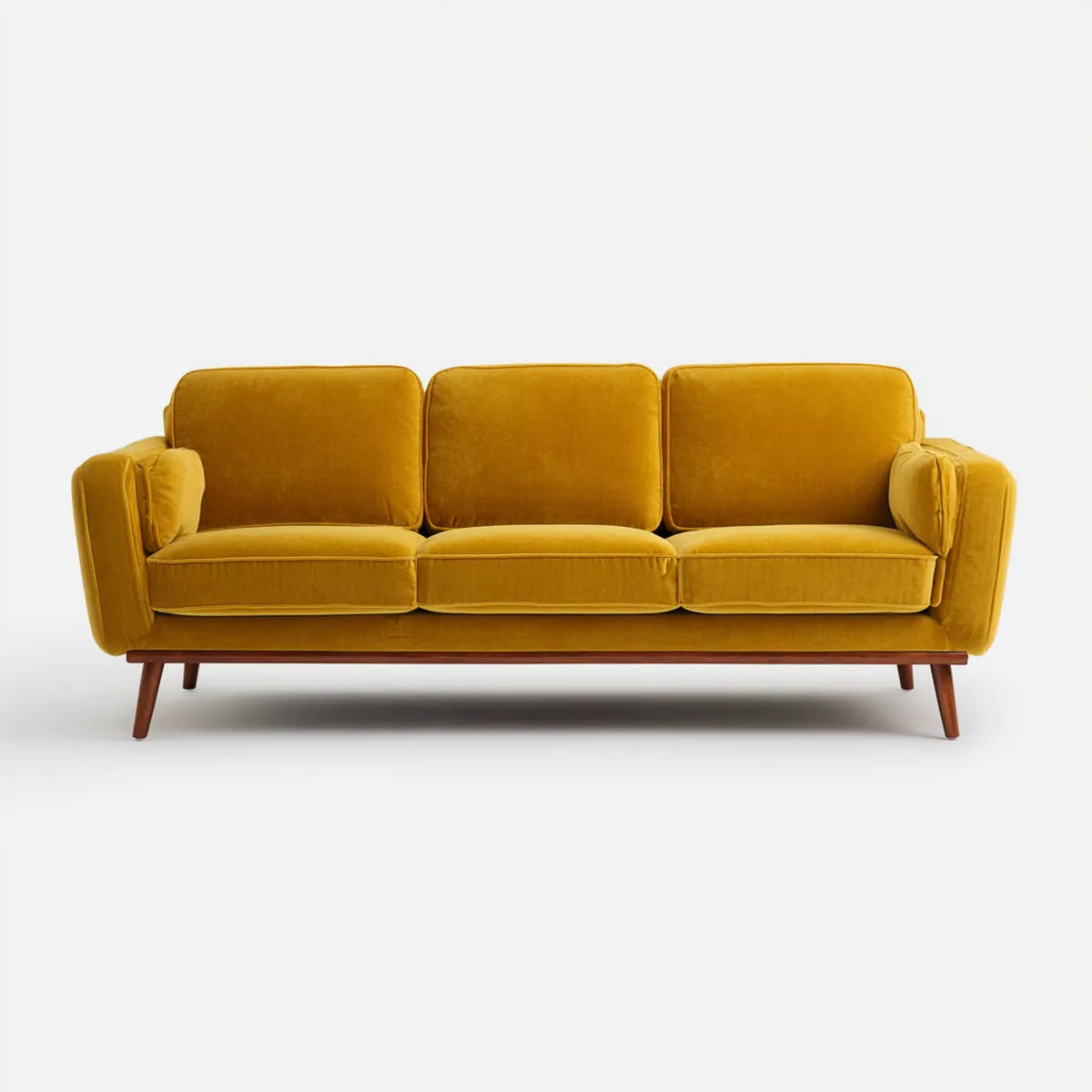 Canapé 3 places jaune moutarde en velours de polyester avec pieds en eucalyptus massif 210 x 85 x 88 cm