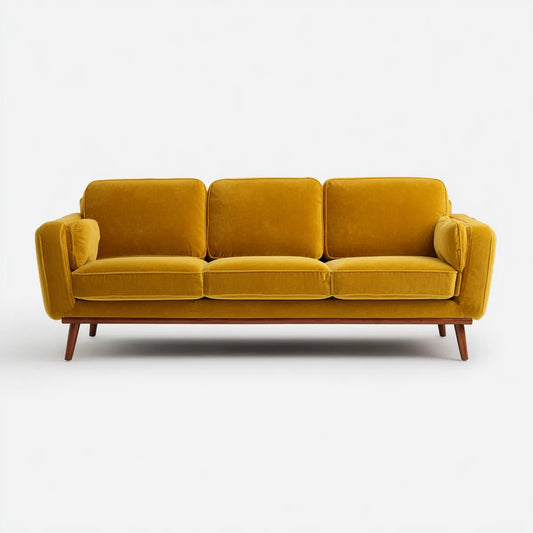 Canapé 3 places jaune moutarde en velours de polyester avec pieds en eucalyptus massif 210 x 85 x 88 cm