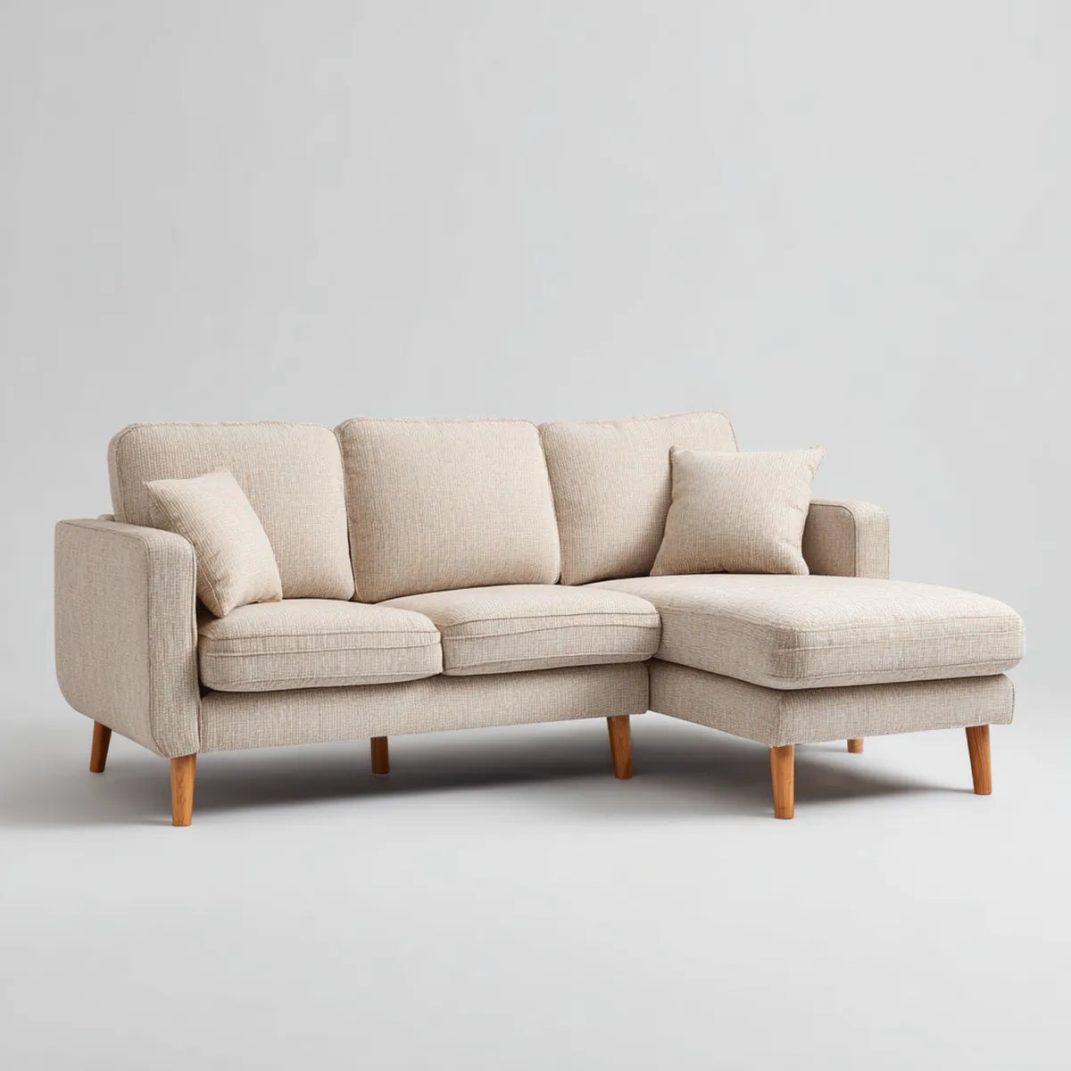 Canapé d'angle droit 3 places beige 230 x 150 x 85 cm en polyester avec pieds en bois massif