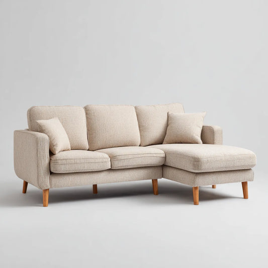 Canapé d'angle droit 3 places beige 230 x 150 x 85 cm en polyester avec pieds en bois massif