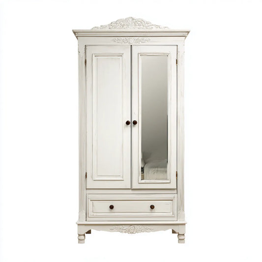Armoire penderie 2 portes blanc cassé avec miroir et tiroir en MDF 90 x 50 x 200 cm rectangulaire